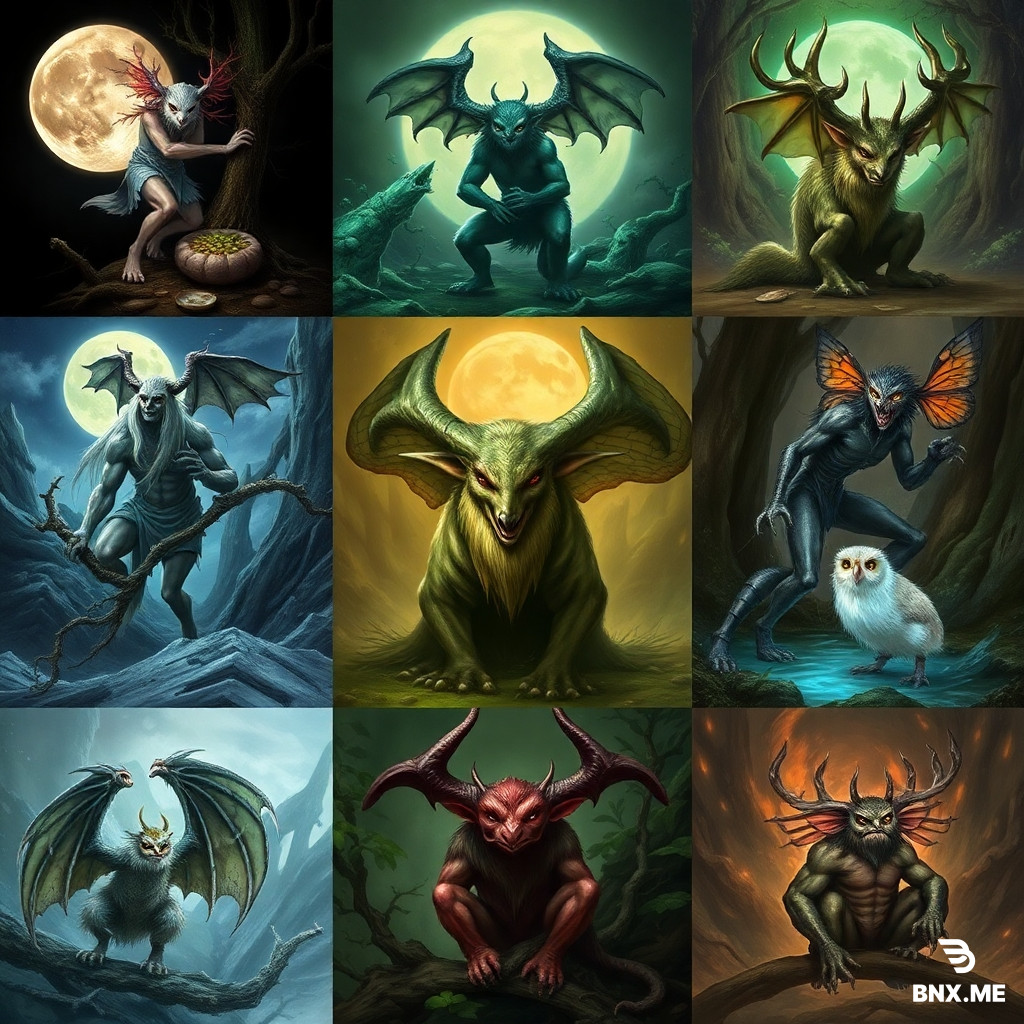 create a 5x5 image grid for the following creatures: Moon Elves  Briarborn  Moss Dwarves  Ember Satyrs  Thornkin  River Nymphs  Boglings  Glimmer Gnomes  Shadowlings  Stagfolk  Mothfolk  Rootborn  Crystal Sprites  Owlkin  Faunbloods  Mistwalkers  Wild Goblins  Dreamlings  Vineborn  Lunar Tieflings  Fey Orcs  Willowfolk  Hollow Ones  Pixieblood  Court‑Touched Humans