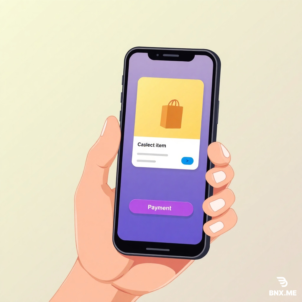 A black phone being held by hand. The phone screen display an item being selected and there is a payment button at the bottom. Art style is 2D cartoon
