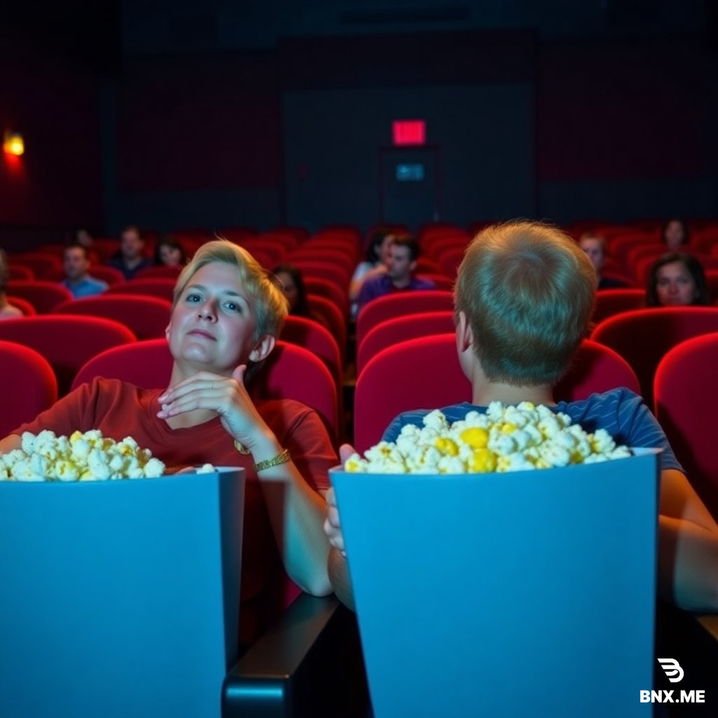 Sitting in the movie theater eating popcorn in the back