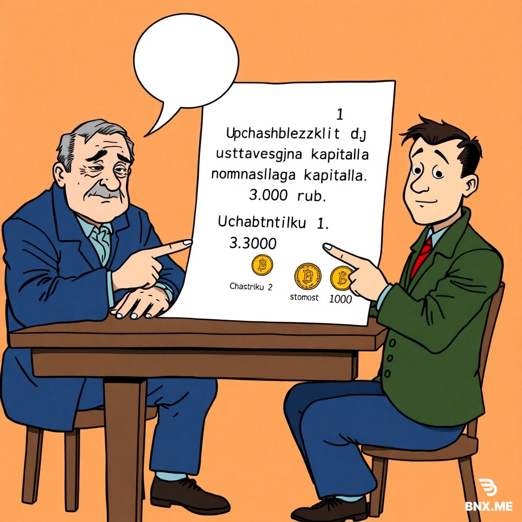Colorful european comic book style, ligne claire, clear black ink outlines, flat colors. Two men sitting at a wooden brown table: elderly Sidorov (dark blue jacket, gray hair, wrinkles) on left, young Petrov (dark green jacket, short dark hair) on right. They point at a large paper showing: "Uchastniku 1 prinadlezhit dolja 30% ustavnogo kapitala nominalnaja stoimost 3000 rub. Uchastniku 2 - 10% nominalnaja stoimost 1000 rub." Next to text, two coin piles: three gold coins labeled "3000", one gold coin labeled "1000". Empty white speech bubbles above both heads, completely empty. Background pale orange.