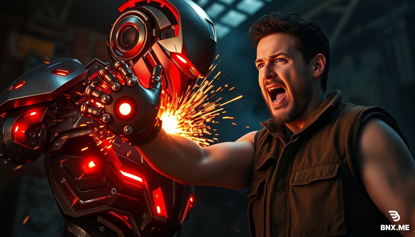 Cinematic close-up action shot from Avengers Age of Ultron. A menacing prime Ultron robot, made of polished vibranium and glowing red internal lights, violently slicing off the arm of Ulysses Klaue with a glowing, superheated metallic hand. Intense orange heat sparks and molten metal effects at the point of impact. Ulysses Klaue has a terrified expression, mid-scream, wearing his dirty tactical vest. Background is the dark, grimy interior of a rusted shipyard tanker, filled with shadows and industrial debris. High-speed photography style, motion blur, hyper-realistic, 8k resolution, dramatic cinematic lighting, volumetric smoke, photorealistic textures of metal and skin.