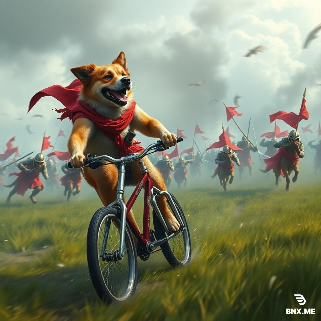 a dog riding a bike on battle field with many enemy chasing him