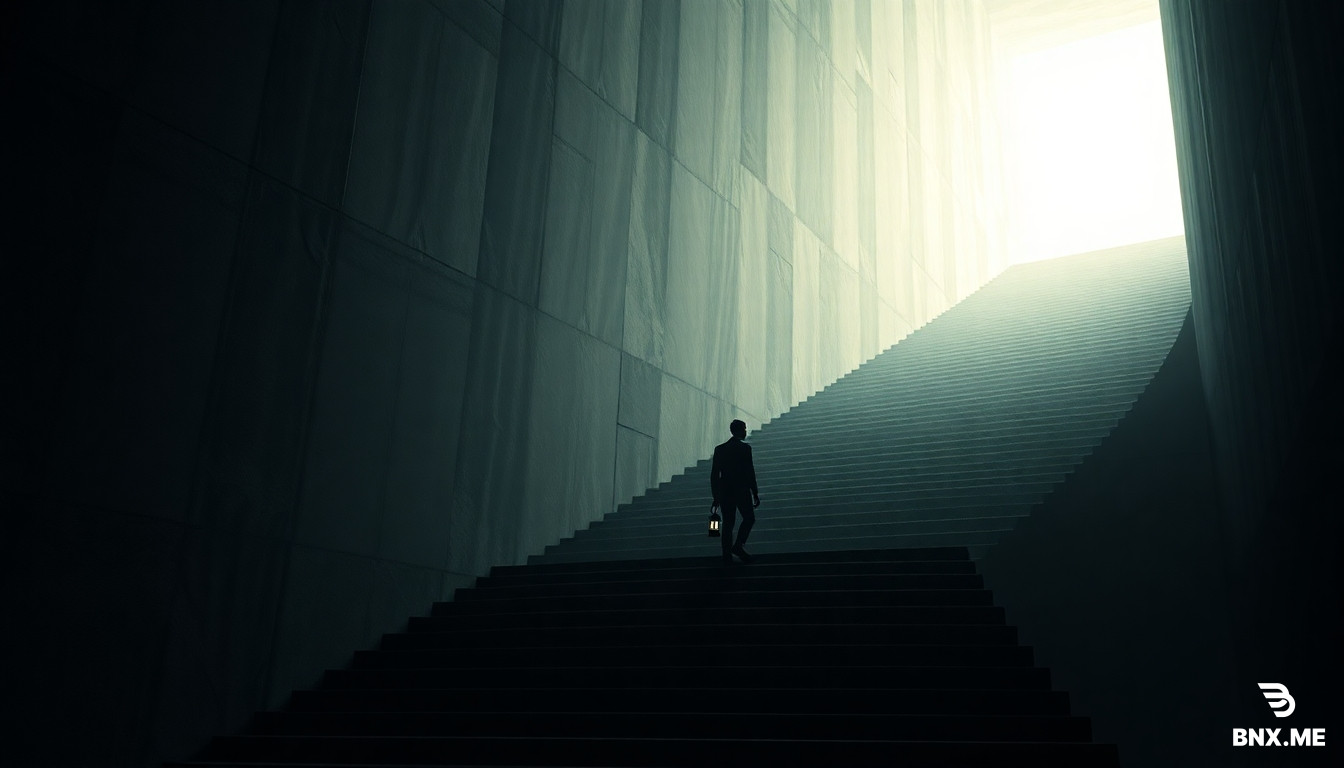 An endless staircase descending through translucent layers of reality, each level representing abstraction: stories, theories, symbols, measurements, and finally pure light-points of fundamental events. A lone thinker walks downward carrying a lantern, uncovering the hidden structure of existence. Atmospheric, philosophical, cinematic, dark academia mixed with modern science, dramatic shadows and luminous depth.