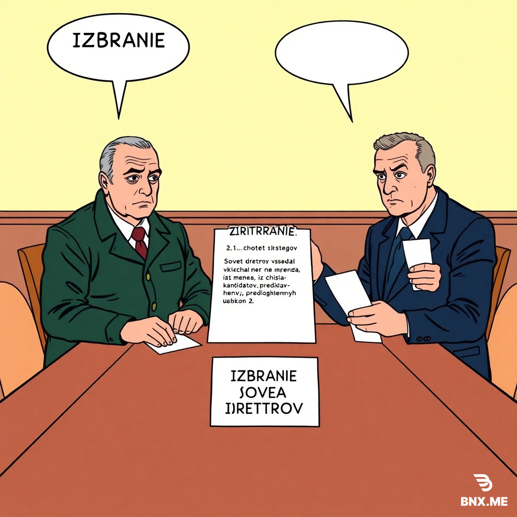 Colorful european comic book style, ligne claire, clear black ink outlines, flat colors. Meeting room with wooden table and a white card "IZBRANIE SOVETA DIREKTOROV". Petrov (dark green jacket) pointing to contract clause: "2.1.1. ... chtoby Sovet direktorov vsegda vkljuchal ne menee 1 chlena, izbrannogo iz chisla kandidatov, predlozhennyh Uchastnikom 2." Sidorov (dark blue jacket) holding a white voting ballot. Empty white speech bubbles above both heads, completely empty. Background light yellow.