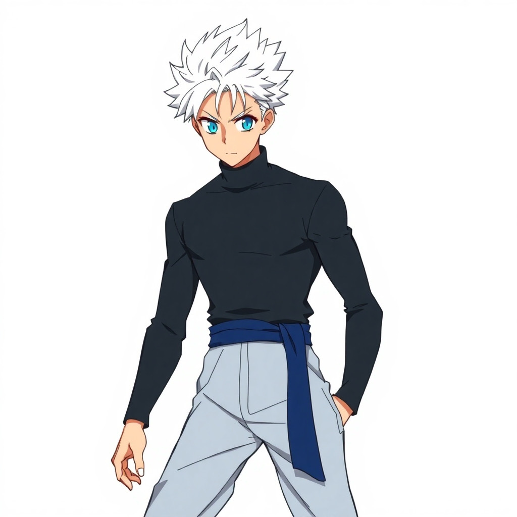 anime sketch illustration, 23-25 years old man with spiky white hair, blue eyes looking forward, wearing a black turtleneck and light blue pants with dark blue sash, dynamic pose, clean white background, cel-shaded with blue outline, character design, expressive lines