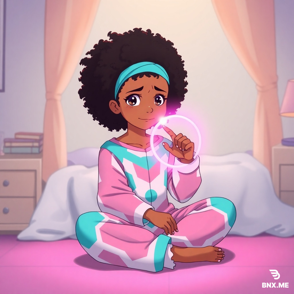 (masterpiece, best quality), 1girl, young teen, brown skin, large fluffy afro hair, turquoise headband, wearing loose futuristic jumpsuit, pink and turquoise and white geometric patterns, bright pink magical glow, sitting cross-legged on bedroom floor at night, drawing glowing pink magic circle with finger, kind expression, worried eyes, warm lighting, soft pastel colors, dreamlike atmosphere, anime art style, Studio Ghibli aesthetic, children's book illustration style
