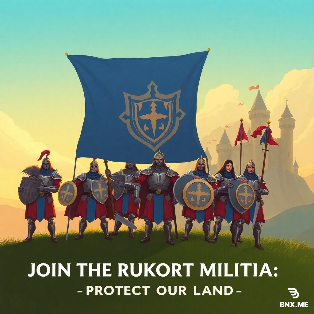 Epic fantasy recruitment poster for the guild "RUKORT". A group of brave heroes in shining armor stands together on a green hill, holding a large blue banner with a shield emblem. In the background, a majestic castle with towers. Pastel color palette: soft green and sky blue. Warm sunset lighting, friendly and inspiring atmosphere. No weapons visible, only shields and flags. Text at the bottom: "JOIN THE RUKORT MILITIA — PROTECT OUR LAND". Style: classic fantasy illustration, highly detailed, 4k, cinematic.