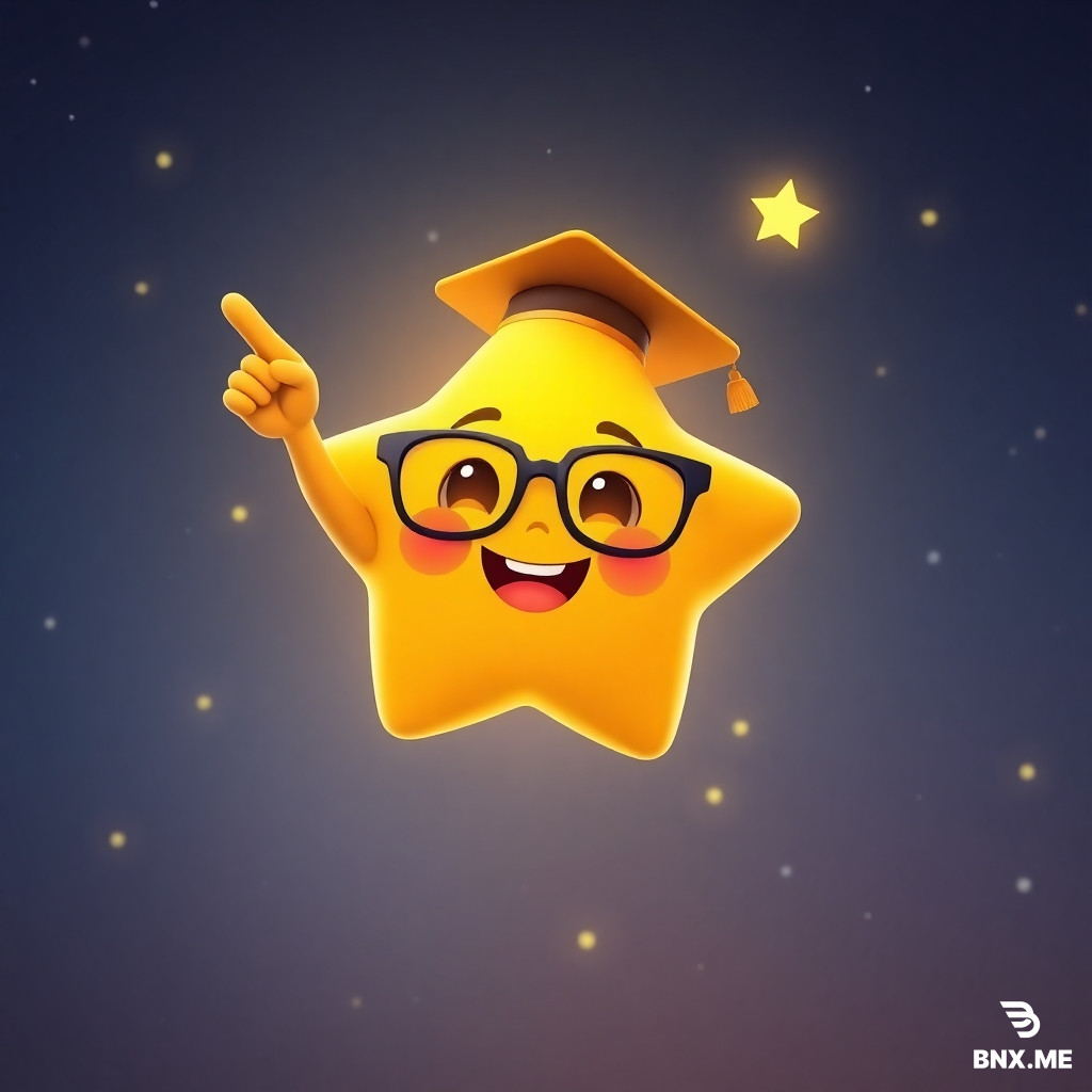 "3D animated cute golden star Lumi with blue glasses and graduation cap floating in center of night sky, pointing upward with excitement, stars twinkling around, happy expression, Pixar style, 8k resolution, soft volumetric lighting, vibrant colors, vertical 9:16."