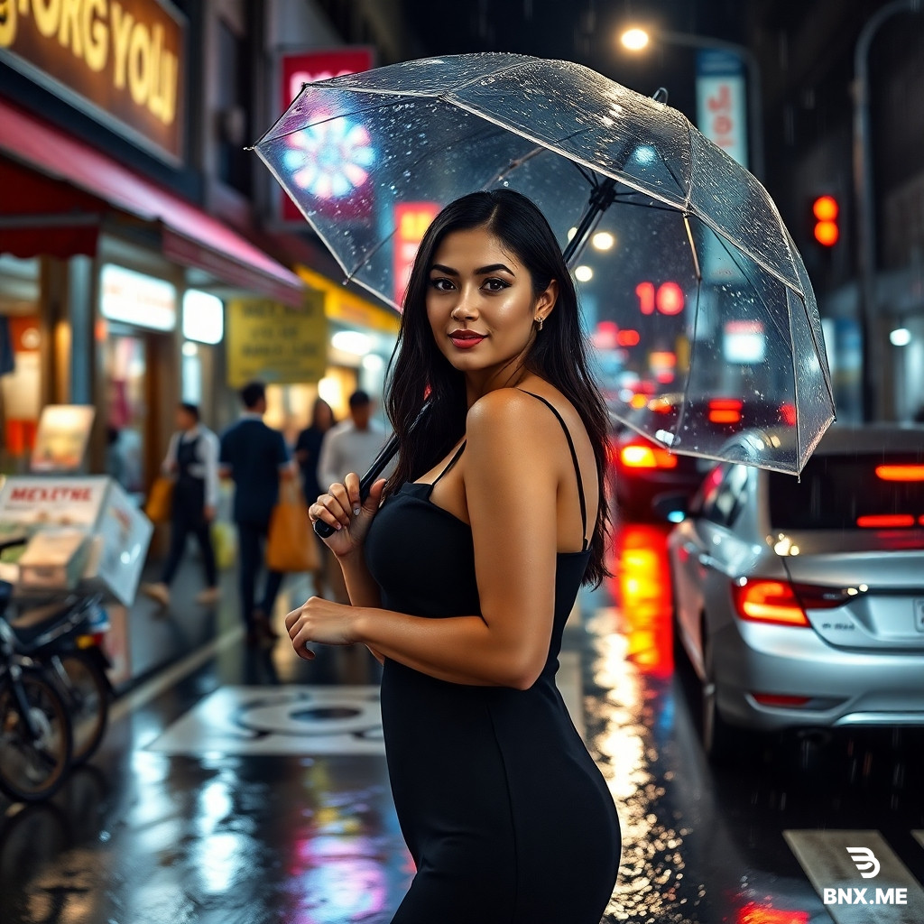 Create a 4K hyper-realistic image of a beautiful, curvy woman on the street, night, rainy weather, people shopping in the market, cars waiting at a red light, rain is visible on the woman's clothes and the street, artificial light, the woman is wearing a black dress, she is also holding an umbrella, the camera angle is wide and all the details of the image are visible, natural skin texture