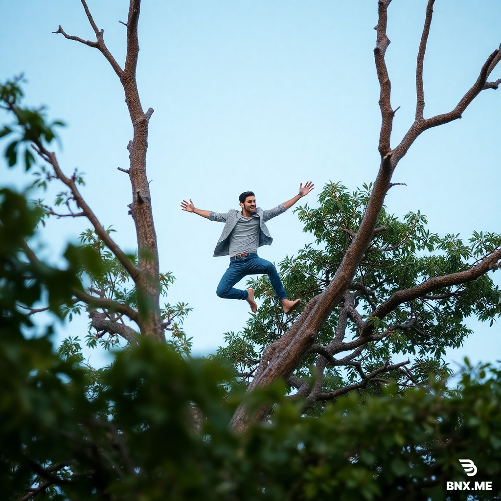 a guy who is jumping in tree