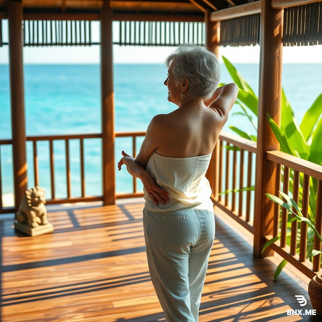 Photorealistic, soft morning light on a traditional Okinawan wooden veranda overlooking turquoise sea. A woman aged 65 with silver hair gracefully performs a gentle hip‑opening yoga pose. She wears simple white cotton clothes. In the background, a small stone shisa lion and green tropical leaves. Warm, peaceful, active aging. Canon R5, 85mm lens, golden hour, high detail.