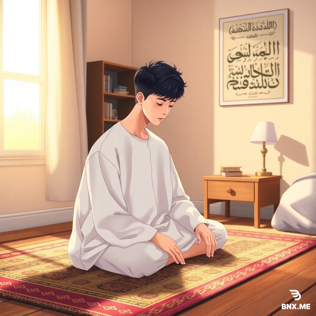 Anime style, adult Muslim boy with a stylish Korean haircut (two-block cut with slightly wispy bangs), wearing a clean white thobe or loose shirt and pants. He is sitting on a colorful prayer mat in his cozy bedroom, in a praying position (sajdah) with his forehead touching the mat, hands placed flat. Soft golden sunlight streams through a window beside him. On the wall, there is Arabic calligraphy art. A small bookshelf and a lamp on a bedside table. Warm, peaceful atmosphere, gentle shadows, high quality, anime art style, clean lines, soft colors."