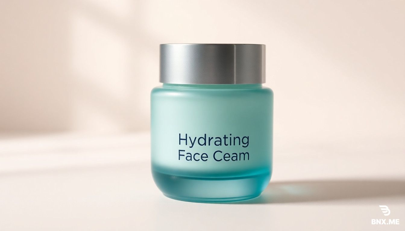 A professional e-commerce product photography shot of a luxury skincare jar. The jar is made of frosted teal-blue glass with a clean metallic silver cap. The jar contains a "Hydrating Face Cream". The background is a clean, minimalist studio setting with soft, warm cream-colored undertones and gentle shadows. High-end cosmetic branding style, soft studio lighting, ultra-realistic texture.