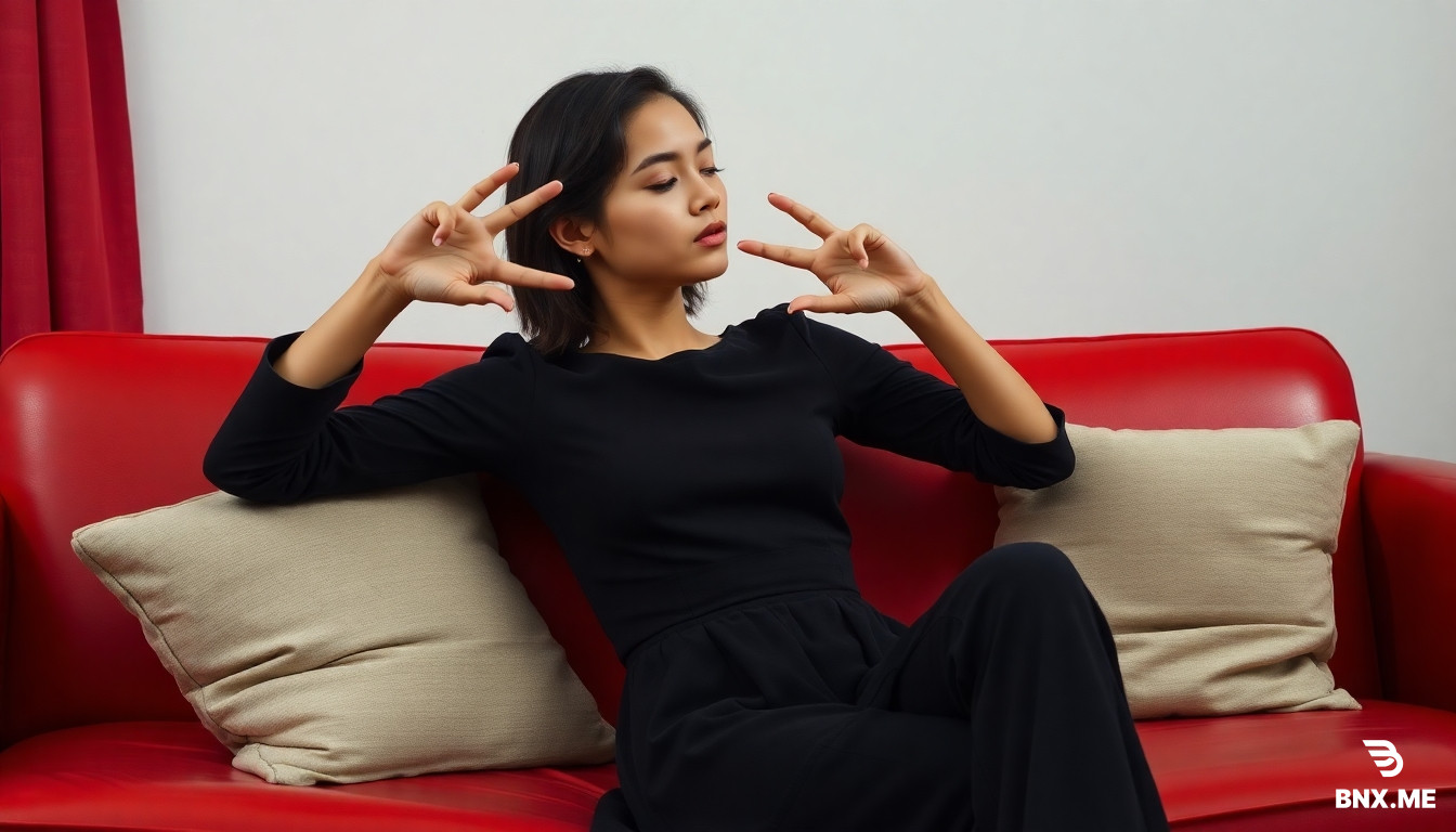 Interpreta un arte conceptual de estudio. Fotografía realista y detallada de un plano general en un estudio, la escena está tomada en vista lateral alta y con iluminación clara. La joven debe conservar su vestimenta, una riñonera negra cruza su cintura y tiene ambos brazos extendidos directamente hacia arriba, por encima de su cabeza, con las manos unidas y entrelazadas. Está de pie sobre los reposabrazos de un sofá rojo brillante y a horcajadas del hombre. La joven lleva una expresión tranquila, cierra sus ojos y presiona sus labios en forma de beso, como si disfrutara el momento. Está completamente erguida y estirada de cara a la cámara, con las piernas separadas. Un anciano negro debe estar sentado en el centro del sofá, con la espalda apoyada y relajada en el respaldo del asiento. El anciano viste una remera de futbol de Camerún y pantalones de gimnasia. El anciano debe verse entre sus piernas, debajo y detrás de ella, con su rostro visible, mirando hacia arriba y observando las caderas de la joven desde atrás. El suelo es de madera oscura. Ella debe estar de pie en el sofá y manteniendo su postura erguida y estirada, el anciano debe verse entre sus piernas y mirando a la joven desde atrás y desde abajo. El ángulo de cámara acentúa la figura y los glúteos de la mujer. La escena tiene paredes espejadas a la derecha y detrás que reflejan a la mujer de pie en el sofá y al hombre mirándole las caderas desde atrás y desde abajo.