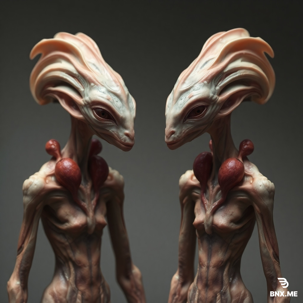 Concept art of an original alien species with an elegant, aesthetic-biological civilization. The beings are slender and frail in build, with soft, slightly wrinkled and lax skin that appears delicate and organic rather than muscular. Their bodies feature subtle fleshy sacs and soft amorphous growths in reddish, violet, and muted iridescent tones that can inflate and change intensity of color, acting as visual communication and emotional display organs.  Their necks and upper torso include layered, flexible folds that can expand like a bellows, suggesting both respiration and expressive function. Their overall physiology emphasizes aesthetic expression over physical strength.  Their heads are highly distinctive: abstract peacock-like cranial structures, not animalistic but organic and elegant, with sweeping ridges and fan-like biological extensions. From these structures grow feather-like hair analogues used for grooming, styling, cutting, and dyeing, functioning as social status markers and personal identity expression.  Their hands are dexterous and strong but slow and deliberate, with elongated articulated fingers suited for precise manipulation of complex mechanical devices rather than rapid motion.  They wear intricate jewelry made of organic pearl-like stones and simple metals (such as gold, silver, aluminum-like materials), used as status symbols, although biological ornaments are considered far more valuable than metallic ones.  Their society is highly aesthetic-driven, where the body itself is a canvas of art, status, and communication.  Style: ultra-detailed sci-fi concept art, realistic textures, cinematic lighting, soft volumetric light, shallow depth of field, highly original alien design, non-humanoid but partially relatable anatomy, elegant and uncanny beauty, 4K detail.  Environment: softly illuminated alien interior space with diffused ambient light highlighting skin textures, color shifts, and organic details.