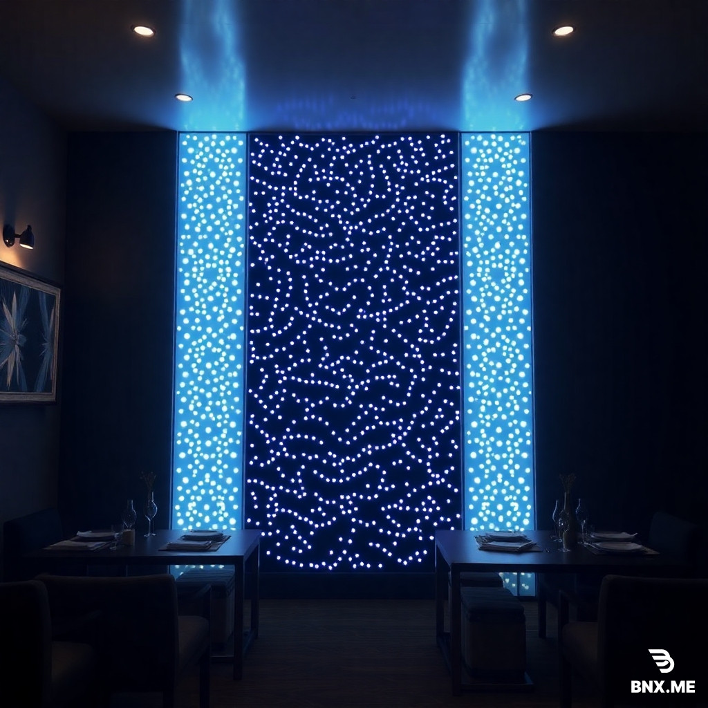 یک تصویر سایبرپانک از زنی با چشم‌های LED آبی، لباس‌های تکنولوژی‌بالا، پوست نیمه‌فلزی و نورهای نئونی که روی صورت و لباس او منعکس شده‌اند. در یک شهر نئونی، داخل یک خیابان بارانی با پالت رنگی کامل سایبرپانک. انعکاس نورها روی زمین خیس، ریم‌لایت نئونی پشت سوژه، حس آینده‌نگر و فضای تاریک. زاویه دوربین نمای نزدیک، کیفیت هایپر‌دی‌تِیل. در آسمان هولوگرام‌ها و پهپادهای پرنده دیده می‌شوند.