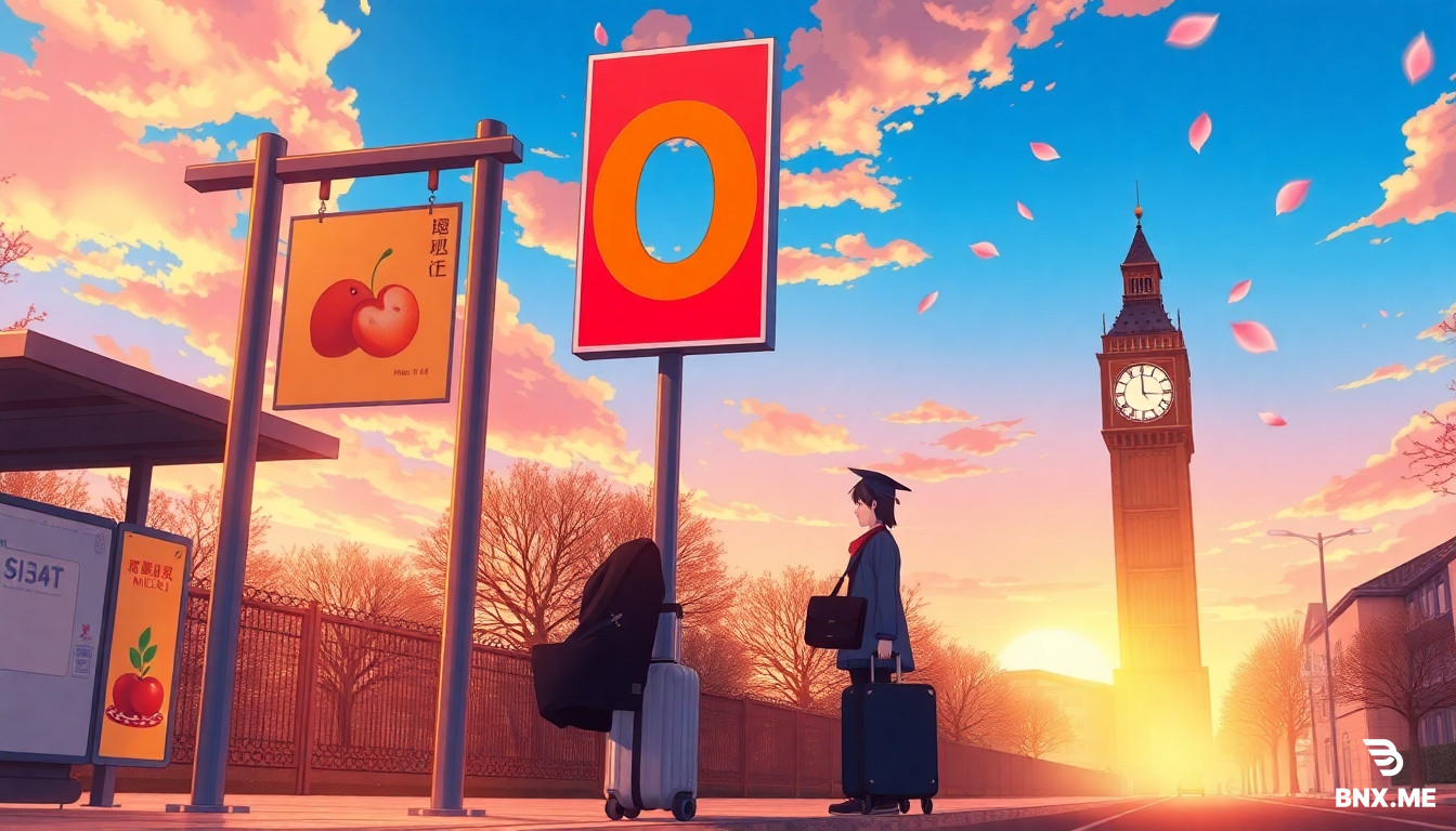 anime cinematic illustration, Makoto Shinkai style, beautiful sunset sky, a Chinese university graduate with suitcase standing at a bus stop, T-shaped metal bus stop sign pole, a colorful billboard poster for fruit milk drink with a big round orange letter O on the poster, old clock tower in far distance showing midnight 12:00, warm golden hour lighting, sakura petals floating, highly detailed background, widescreen 16:9 composition