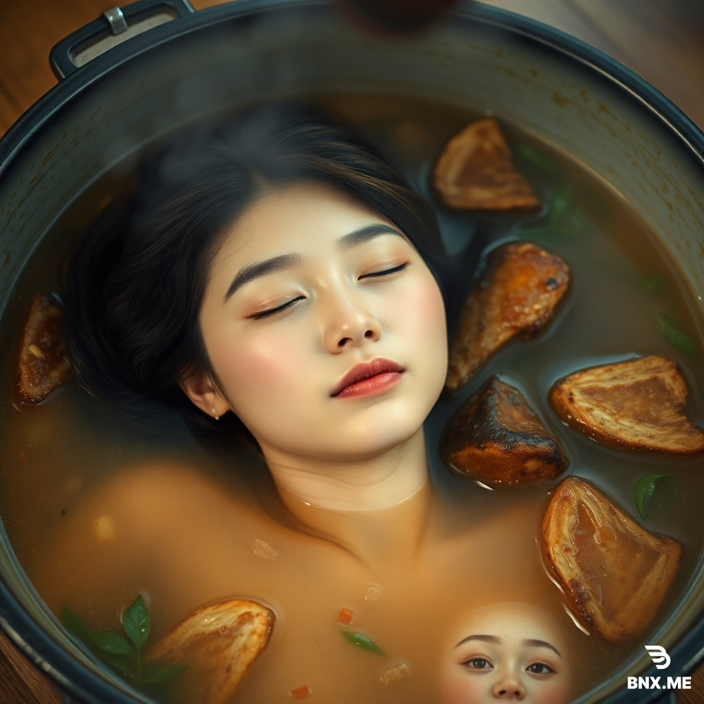 A beautiful high school Eastern Asian maiden lying in a big soup pot,whose body cut into roasted pieses,eyes closed,as real as photo,with a face full of reality