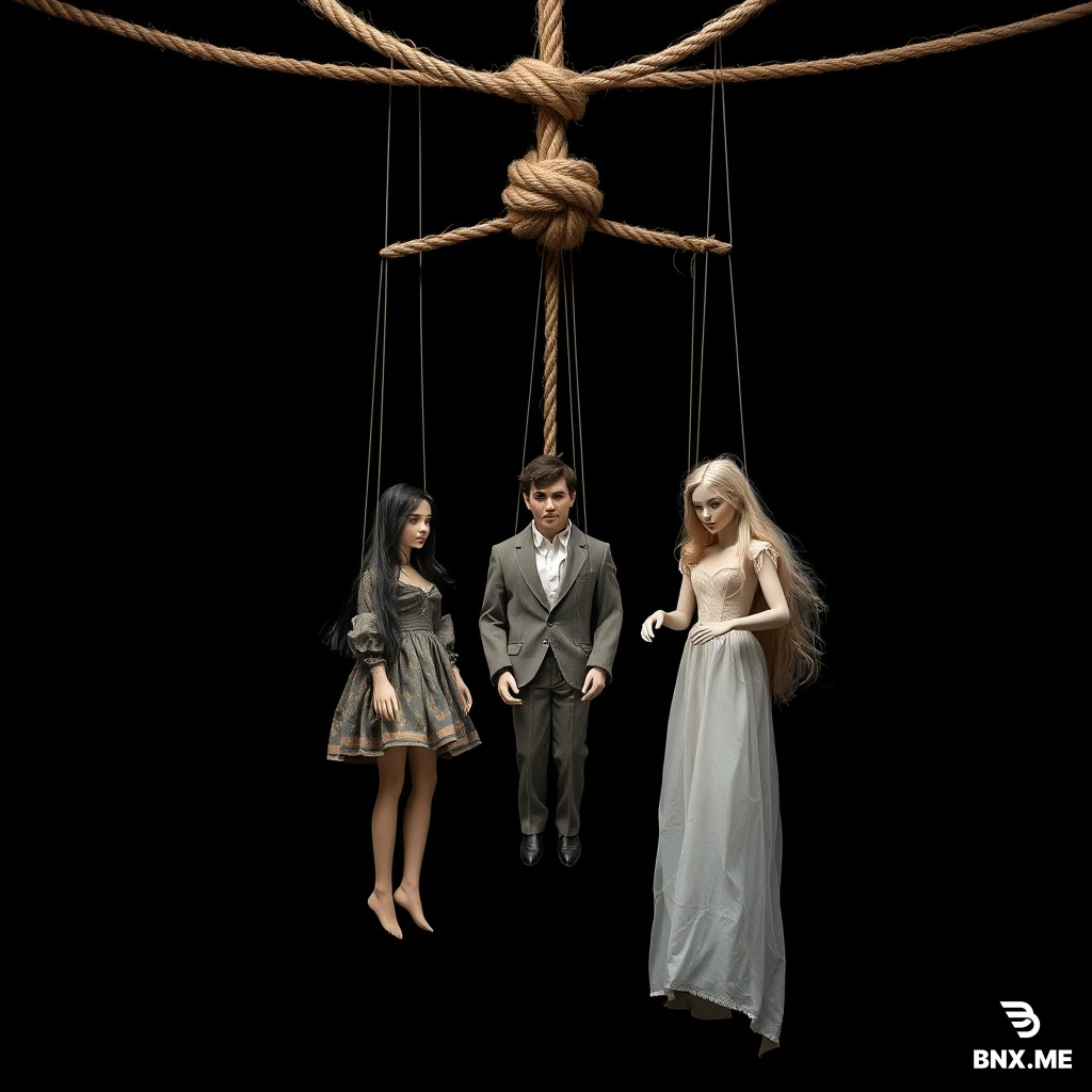 A professional theatrical poster design in vertical portrait format with a 2:3 aspect ratio. The background is completely pure black, creating a dark, minimalist, and haunting atmosphere.  At the top of the frame, a single thick, coarse rope is suspended vertically from above. At the bottom end of this thick rope, there is a single prominent overhand knot (a granny knot). From this central knot, the rope splits into three separate ropes that hang downward in a wide M-shaped formation. The thick rope above the knot is the only connection to the top, and the three thinner ropes below the knot are the execution ropes.  From each of these three hanging ropes, a life-sized marionette puppet is suspended by the neck, as if hanged: - Left rope: a female puppet with long dark hair, wearing a tattered vintage dress. - Center rope: a male puppet with short disheveled hair, wearing a worn-out formal suit. - Right rope: a female puppet with long flowing light hair, wearing a torn theatrical gown.  The puppets are completely limp, lifeless, and motionless. Their bodies hang straight down with no tension. Their heads are tilted slightly forward, arms dangling loosely at their sides, feet pointing downward. Their faces are expressionless, with half-closed or empty eyes, creating a sense of stillness and finality.  The overall mood is dark, tragic, eerie, and deeply theatrical. It evokes a sense of melancholy, loss, and surreal drama. It is NOT meant to be gory, bloody, or horror-like—it is poetic, symbolic, and emotionally heavy, like a scene from a dark metaphorical play.  A dramatic single spotlight shines from directly above, casting a focused beam of light that illuminates only the thick rope, the central granny knot, the three M-shaped execution ropes, and the three suspended puppets. The rest of the composition, including the bottom area, remains in deep, impenetrable shadow, creating a high-contrast chiaroscuro effect.  The visual style is cinematic, photorealistic, and highly detailed. The texture of the ropes, the folds of the puppets' clothing, the shadows on their faces, and the subtle dust particles in the light beam are all rendered with 8k precision. The poster is designed to evoke a theatrical, symbolic, and emotionally resonant mood, suitable for a dramatic stage production.