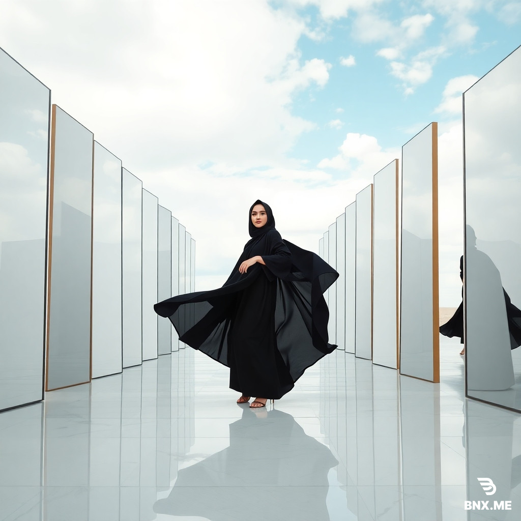 white Middle Eastern woman model wearing a flowing black abaya, editorial fashion campaign, neutral film grade, gentle highlight rolloff, soft contrast, natural skin with visible pores and fine texture, true color, minimal retouch, refined styling, no logos, no text, no watermark, realistic proportions, consistent palette in neutrals with one accent color, subtle depth of field, elegant composition; surreal set of upright mirrors on a reflective floor, cloudy sky reflected around the model, clean monochrome outfit, open daylight for even wrap, soft reflections from mirrors, centered composition with repeating mirror geometry, low horizon, tidy reflections, ultra realistic photography