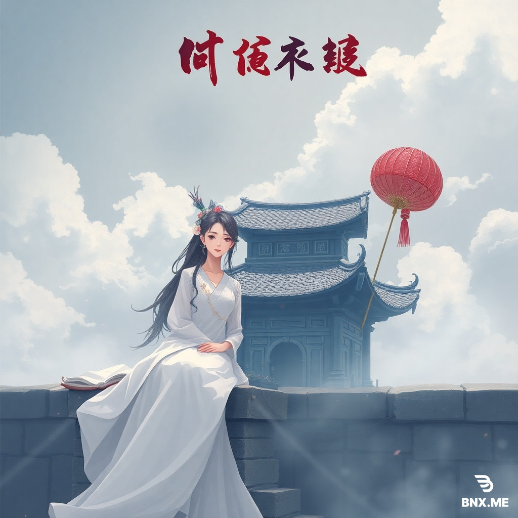 一个白色头发，在头顶上方长着白色狐狸耳朵的女孩，双手靠在栏杆上，目光看向远处，背景是无数的高楼大厦
