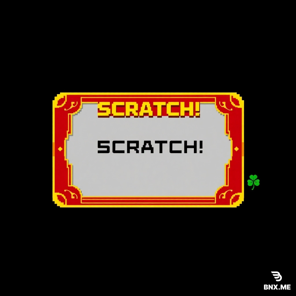A pixel art scratch card lottery ticket design, titled "刮个爽". The card has a vivid red and gold border, with a central silver scratch-off area that has "SCRATCH!" written on it in retro pixel font. Surrounding the scratch area are pixel icons of gold coins, a tiny cute robot, and a four-leaf clover. The overall style mimics a 16-bit game asset, with a black isolated background. Crisp pixels, vibrant game palette, nostalgic, game UI element.