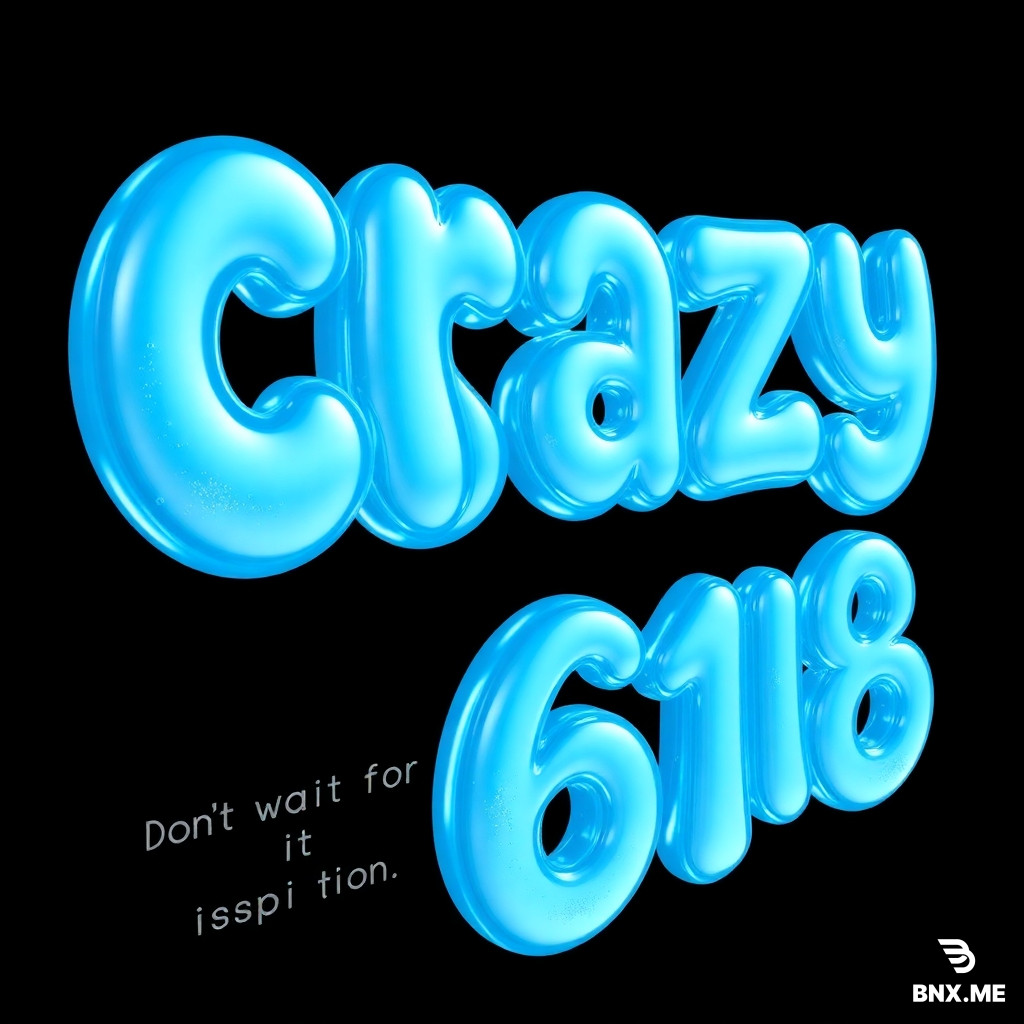 Check out this 3D text design with the main title "Crazy 618" in this cool bubble font style. The text is lined up in a row with this round, soft-edged look. The font has this blue cotton candy material with a water-like glossy finish, and it's transparent with popping candy particles inside. There are ocean fish and sea creatures swimming around in the font too. Rendered in UE5 with perfect details, this piece is actually award-winning! The brush strokes are layered up and down, giving it this dynamic vibe. The text has this glassy texture with soft light reflections and delicate highlight edges. The whole scene feels so naturally playful with soft colors against a pure black background. Rendered in Octane with 64K HD quality, there's this flowing brush-painted small text at the bottom: "Don't wait for inspiration" (with fine brush strokes, textured lines, and lively curves). There's also this tiny decorative text, an ultra-thin sans-serif "2026" with texture, artistic abstraction, poetic feel, and a high-end look. It's a masterpiece with stunning visual impact, award-winning status, masterful color palette, expert layout, high detail, premium feel, ultra-HD quality, and perfectly balanced composition.