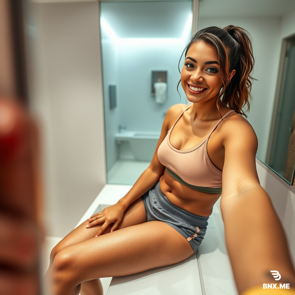 Zoomed-in Snapchat style selfie of a short medium/thick build woman sitting on a modern bathroom counter wearing a sports bra and shorts. She has dark green-brown eyes and is smiling warmly. Brightly lit room. Smiling expression, detailed texture of athletic wear, realistic skin tones, high resolution, photorealistic, 8k.