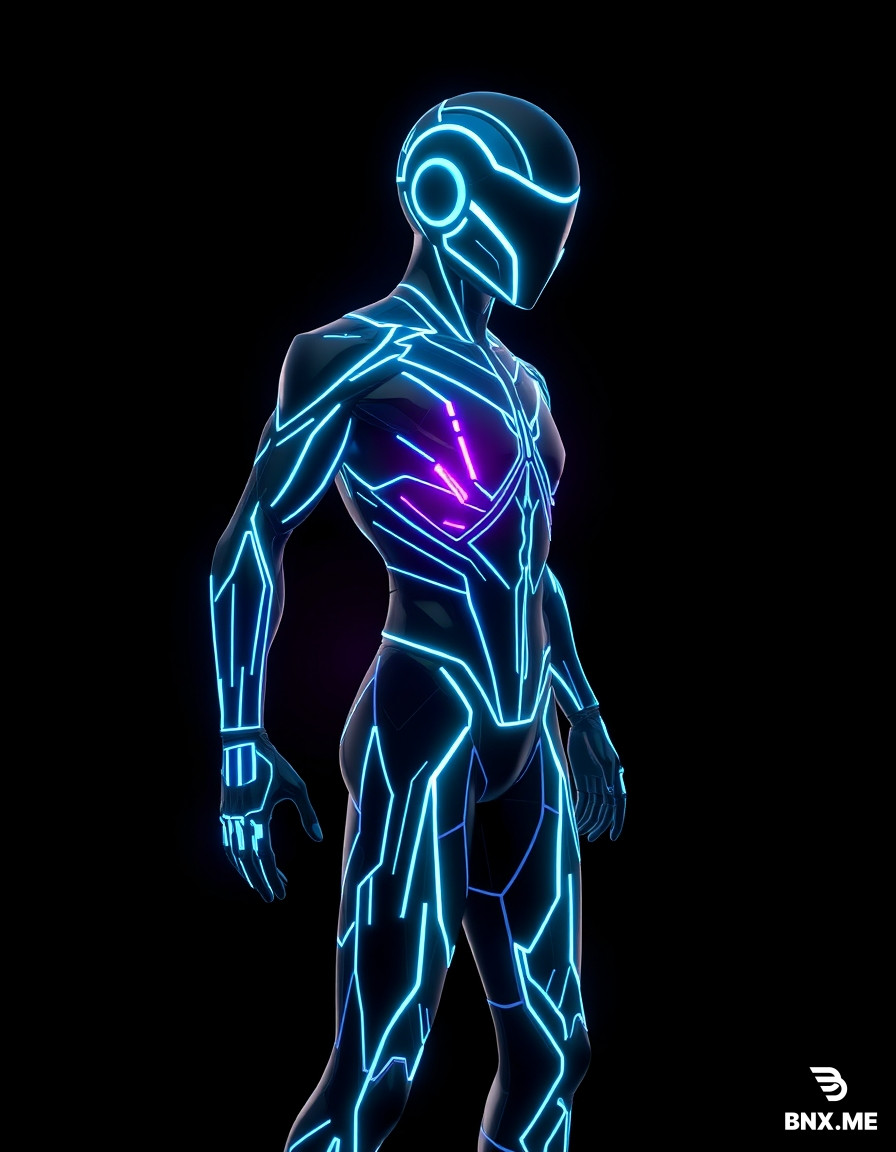 Style: TRON Legacy-inspired, cyberpunk, digital circuitry, low-poly stylized, emissive neon lines, sharp geometric shapes, black base material with glowing cyan and purple energy accents, no organic shapes, no photorealism, clean topology, game-ready asset, T-pose or neutral pose, isolated on pure black background, transparent PNG for 2D, PBR-friendly for 3D. 3D game character, humanoid avatar inside a digital processor, sleek athletic silhouette, dark metallic black body covered with glowing cyan neon circuit lines, smooth spherical head with no facial features, faint white glow where eyes would be, subtle purple energy trail behind, TRON Legacy style, low-poly, 1200 triangles, T-pose, isolated, transparent background, game-ready, PBR. [Universal 3D suffix]