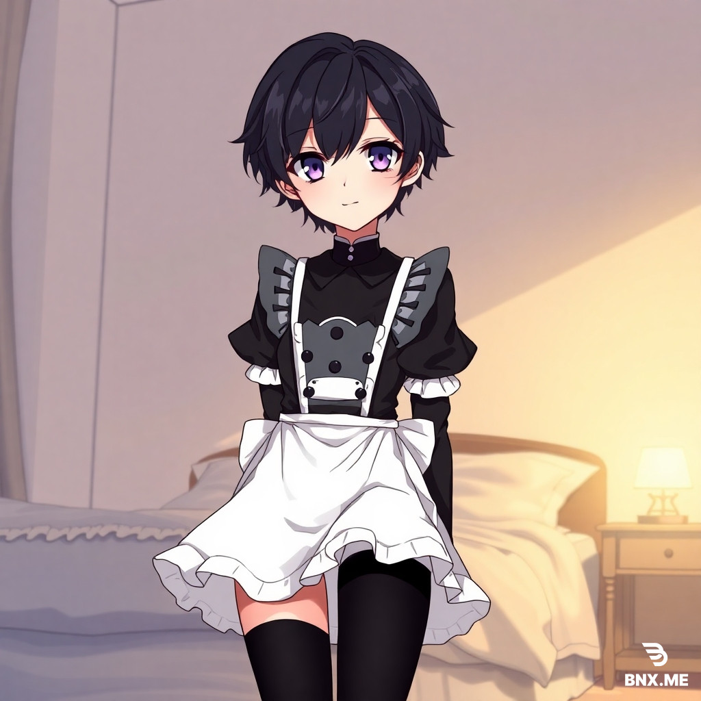 Full body illustration of a cute androgynous anime boy in elegant black and white gothic outfit. Short dark hair, soft facial features, gentle smile, slight blush. Wearing a stylish maid-inspired dress with frills and black thigh-high stockings. Modest pose, standing or sitting gracefully. Soft bedroom background with warm light. Highly detailed anime style, clean lineart, beautiful shading, high quality, aesthetic atmosphere.
