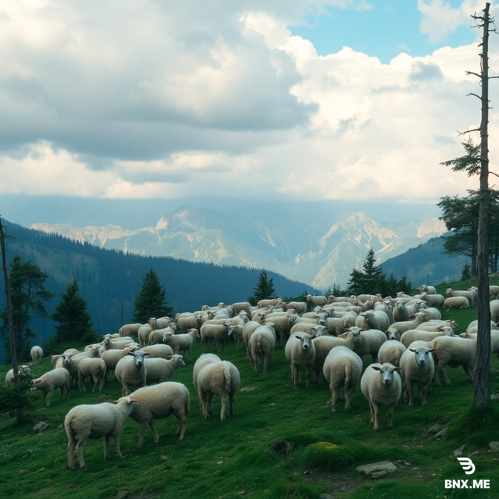Sheepfold in the mountains, many sheeps and goats