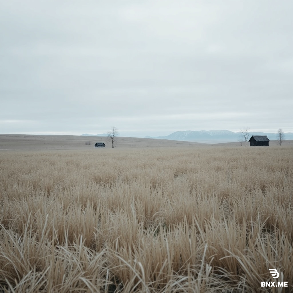 A vast empty snowless winter plain covered with tall, dry, gray-brown winter grass. The grass is dense and continuous, knee-high in the foreground with some blades waist-high, gradually becoming shorter toward the distance to create depth. Blades bend slightly in a cold breeze. Natural density, soft fine texture, visible individual blades, not short, not mowed, not stubble, not sparse, not in clumps. The ground is uneven and undulating with low rolling ridges, shallow dips, and soft rises and falls. In the far middle distance, a small cluster of old, simple, dark wooden houses. Bare black trees scattered sparsely. Low mist in the hollows. Sky: layered soft gray clouds with varied tones, darker and lighter patches, hints of pale blue-gray, not black, not flat. Cold blue overcast light, even and diffused, no strong bright patches, no harsh shadows, no warm sunlight. Muted desaturated palette: slate gray, ash gray, pale blue, dark brown, faded black. Faded nostalgic atmosphere, soft haze, subtle film grain. Ultra high resolution, 8k, sharp focus, detailed grass texture, realistic textures, natural lighting, RAW photo, professional landscape photography, masterpiece, best quality. No people, no cars, no modern objects, no bright colors, no warm lights, no snow, no frost, no ice, no white ground, no flat ground, no smooth lawn, no carpet grass, no isolated grass tufts, no short grass, no mowed grass, no stubble, no blurry, no low quality, no close-up of a single house. Photorealistic, cinematic, 24mm wide-angle lens, f/8, deep focus,