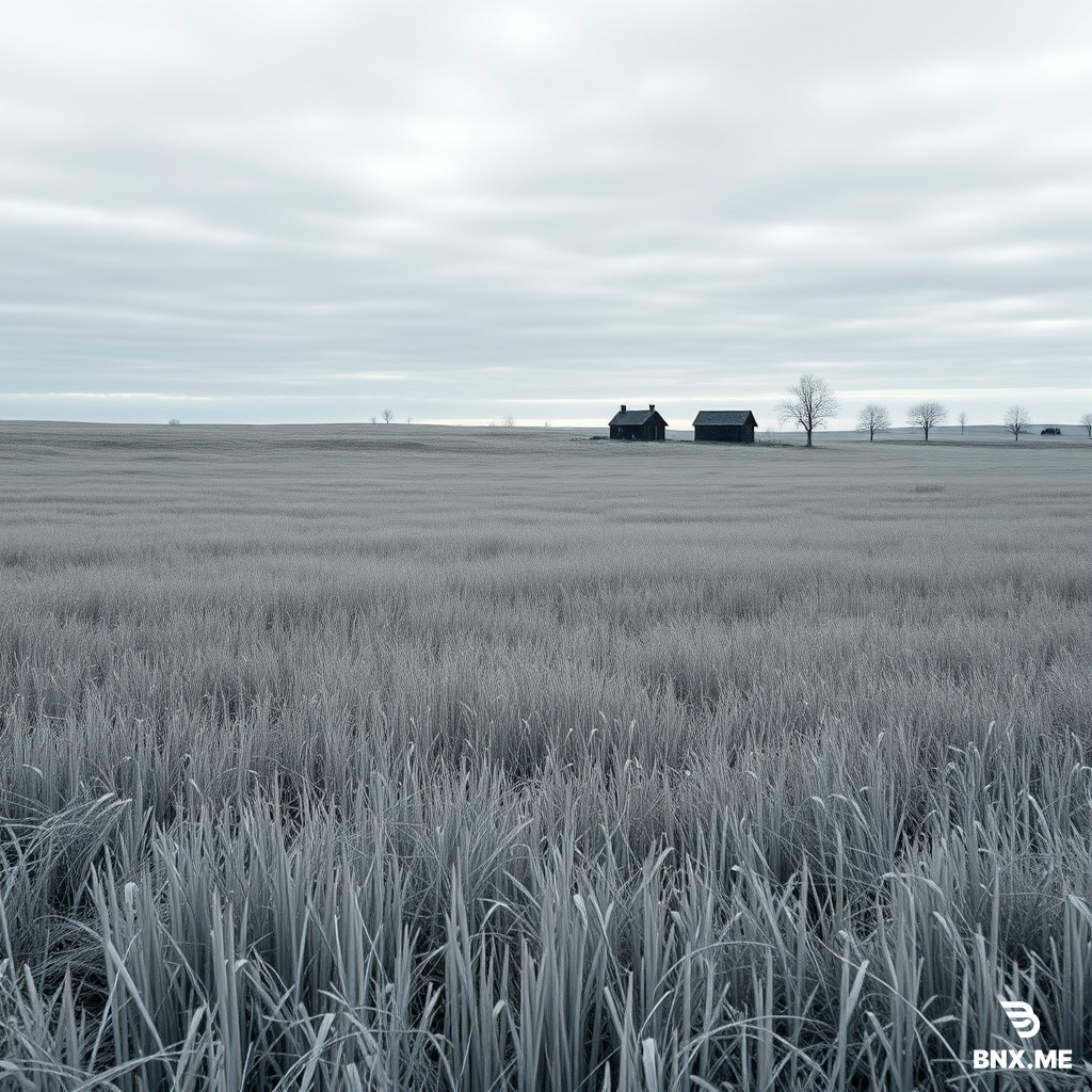 A vast empty snowless winter plain covered with tall, dry, gray winter grass. The grass is dense and continuous, knee-high in the foreground with some blades waist-high, gradually becoming shorter toward the distance to create depth. Blades bend slightly in a cold breeze. Natural density, soft fine texture, visible individual blades, not short, not mowed, not stubble, not sparse, not in clumps. The ground is uneven and undulating with low rolling ridges, shallow dips, and soft rises and falls. In the far middle distance, a small cluster of old, simple, dark wooden houses. Bare black trees scattered sparsely. Low mist in the hollows. Sky: layered soft gray clouds with varied tones, darker and lighter patches, hints of pale blue-gray, not black, not flat. Cold blue overcast light, even and diffused, no strong bright patches, no harsh shadows, no warm sunlight. Muted desaturated palette: slate gray, ash gray, pale blue, dark brown, faded black. Faded nostalgic atmosphere, soft haze, subtle film grain. Ultra high resolution, 8k, sharp focus, detailed grass texture, realistic textures, natural lighting, RAW photo, professional landscape photography, masterpiece, best quality. No people, no cars, no modern objects, no bright colors, no warm lights, no snow, no frost, no ice, no white ground, no flat ground, no smooth lawn, no carpet grass, no isolated grass tufts, no short grass, no mowed grass, no stubble, no blurry, no low quality, no close-up of a single house. Photorealistic, cinematic, 24mm wide-angle lens, f/8, deep focus,