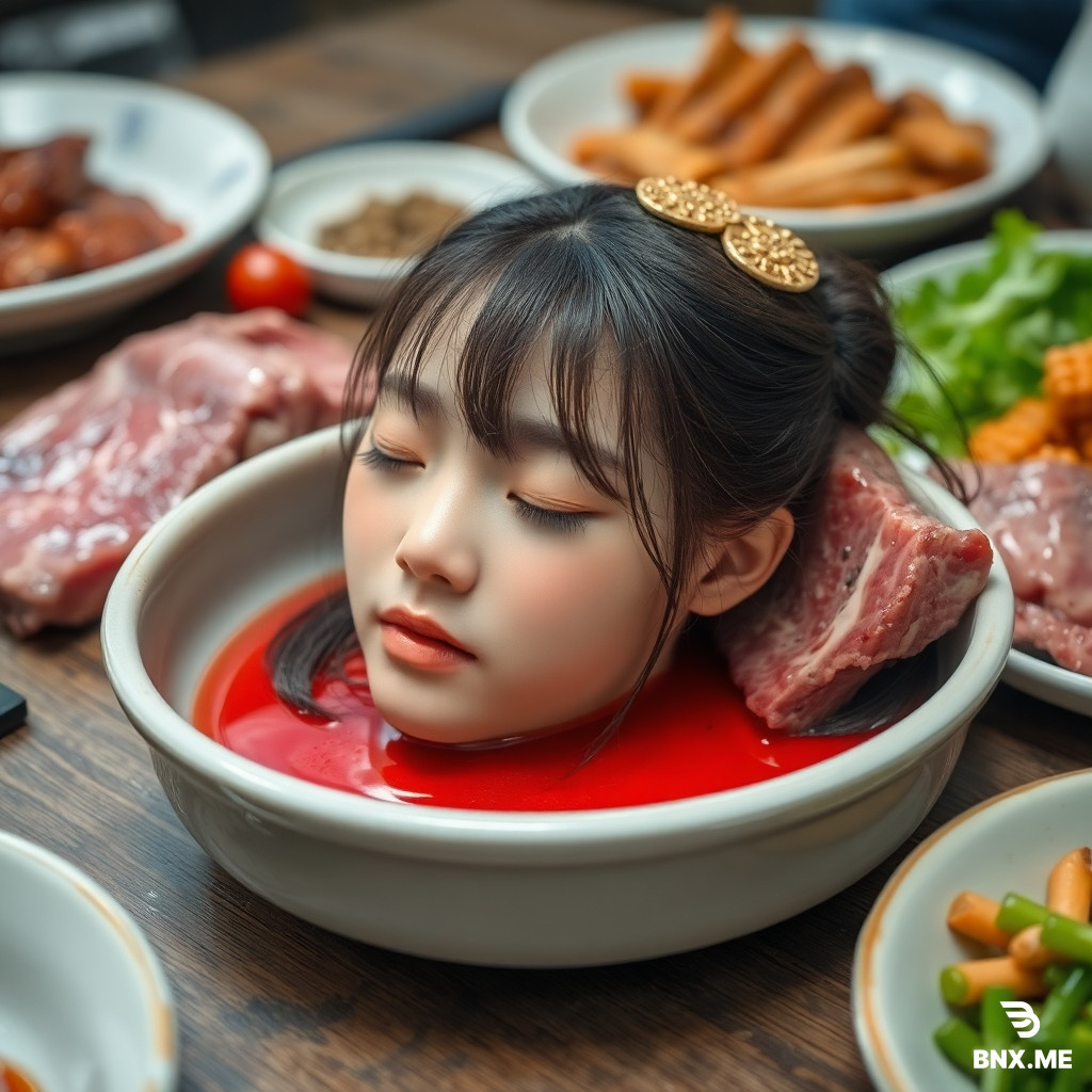 A beautiful high school Eastern Asian maiden's head cruely chopped off,put in a dish of meat on the dinner table,among cuisines,with cute hairpin,eyes closed,red liquid flowing below the head,as real as photo,with a face full of reality