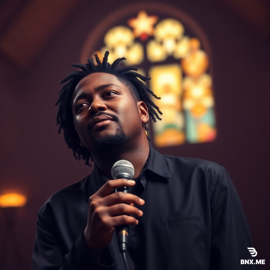 Generate me an image of a Black gospel singer in an adult style, soft and emotional, against a dimly lit church background, microphone in hand, gospel atmosphere mixed with zouk love, with the title "Breakup" written in the background.