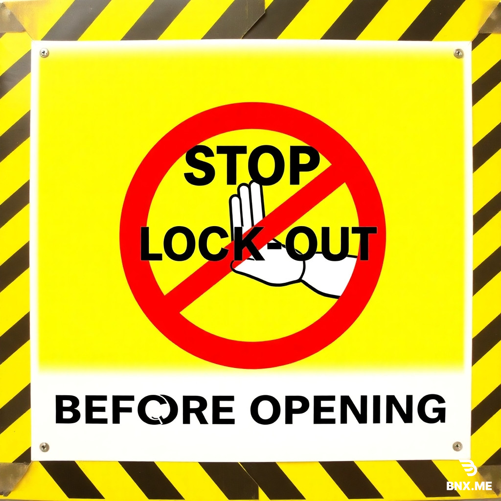 A highly detailed, professional industrial safety warning sign. ISO 7010 standard style. Bright yellow background with bold black caution stripes. Red prohibition circle with a diagonal slash over a hand opening a door. Large bold sans-serif black text in the center reading: 'STOP & LOCK-OUT BEFORE OPENING'. Clean white border. Photorealistic, 4k, high resolution, vector graphic style.