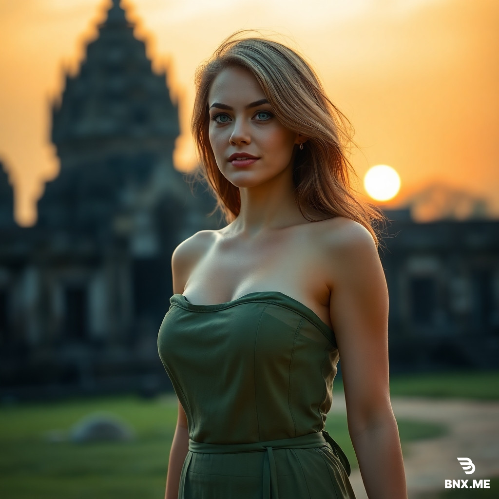 40 Years Old Slim Fit Body Women In apsara Dress. Without Bra. Big  Boobs. Tan Skin. Light Blue Eyes.Light Brown Hair. Teasing Face. Walking in Angkor Vat temple. Sunset.Photo Realistic. Hdr. 4K