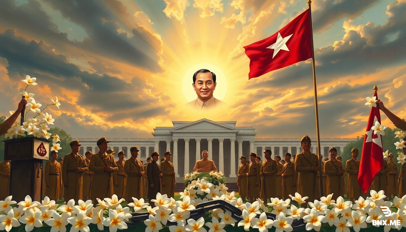 "A solemn and respectful painting commemorating Myanmar's Martyr's Day (19 July). The scene depicts the historic moment of the assassination of General Aung San and his cabinet colleagues in 1947. The composition focuses on a symbolic representation: a portrait of Bogyoke Aung San in the center, surrounded by rays of golden light, with the Burmese flag and a group of grieving yet determined citizens in traditional attire. In the background, the secretariat building (Minister's Office) is shown under a dramatic sky – partly dark clouds for tragedy, partly sunrise for hope and sacrifice. Include elements like white flowers (especially orchids and jasmine), a broken chain symbolizing freedom, and the year '1947' subtly integrated. Style: oil painting, realistic with a touch of heroic idealism, warm earth tones mixed with somber shadows. No violence or blood, only dignified mourning and patriotic resolve. The mood should evoke gratitude, national pride, and a promise to uphold their legacy."