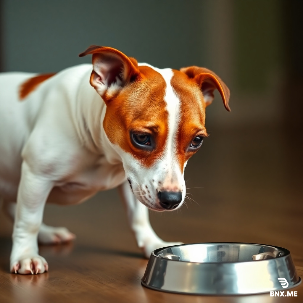 A Jack Russell Terrier, all white with two large brown patch completely covering both eyes, looking at an empty dog bowl on the floor, photorealistic style
