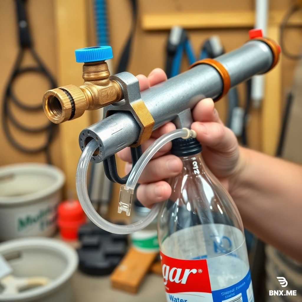 A realistic, highly detailed photograph of a homemade water blaster toy. The blaster is constructed from two galvanized steel pipes: a main pipe 25cm long with 27mm diameter, and a smaller 17cm pipe zip-tied underneath as a shoulder support. A brass ball valve is attached to the front as a water release mechanism. A plastic bottle cap with a tiny 2.6mm drilled hole serves as the water nozzle. A clear aquarium hose runs from the rear of the main pipe down to a large 2-liter cola bottle acting as the water tank. A binder clip is clamped onto the hose as a shut-off valve. A bicycle tire valve (Schrader valve) is visible on the rear end of the main pipe for pumping air. The pipes are silver-grey galvanized metal with visible zip-ties, duct tape, and hot glue seals. The blaster is held like a two-handed rifle with the stock pressed against the shoulder. Photorealistic, workshop background, sharp focus, detailed, summer toy, safe children's water play.