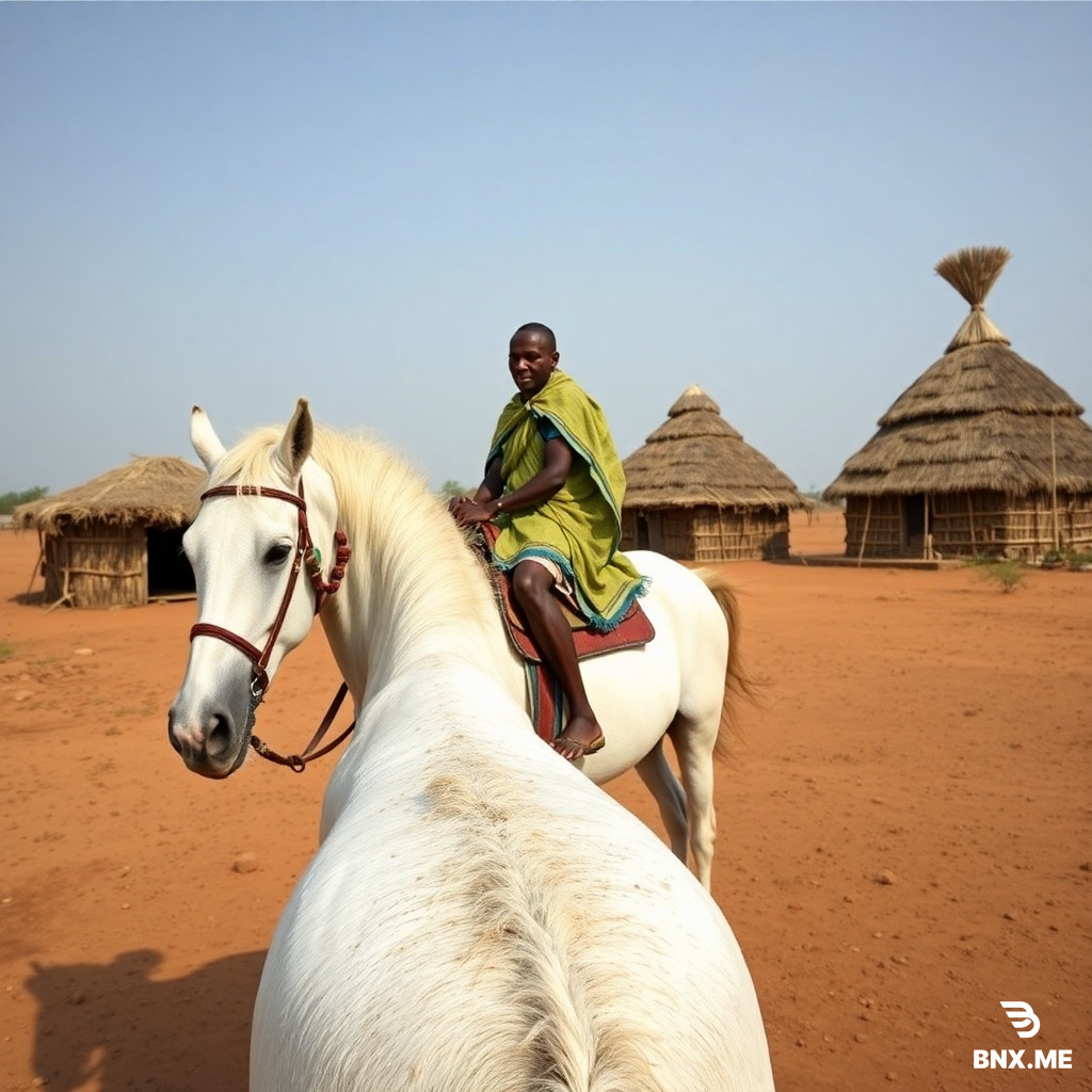Une image d'un Bariba du nord Bénin sur un cheval blanc avec une flèche accroché à son dos, en arrière plan on aperçoit des constructions en terre battue coiffée de raphia