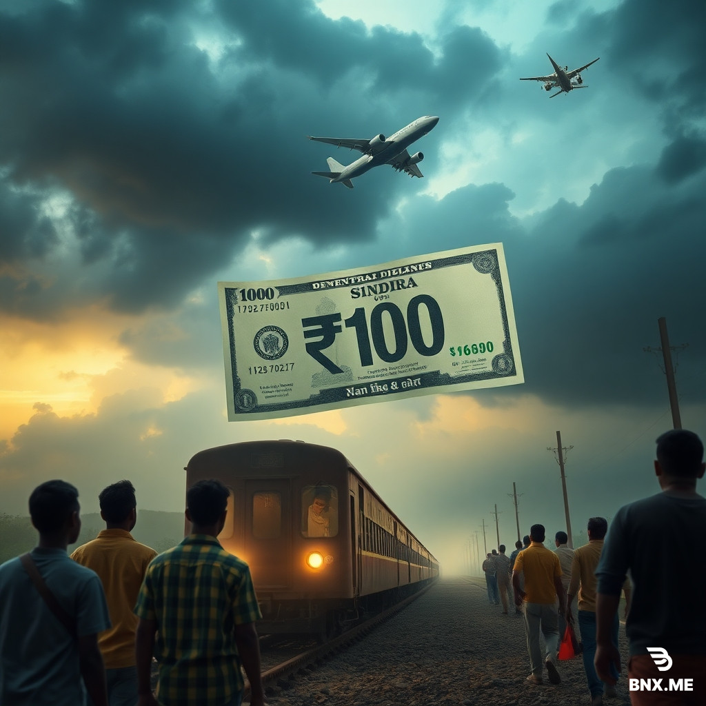 “A giant ₹100 Indian currency note flying out of Bihar on a train and airplane, while unemployed youth stand watching helplessly, dark clouds over Bihar, cinematic political satire, ultra realistic” --ar 16:9, ultra realistic, cinematic lighting, high detail
