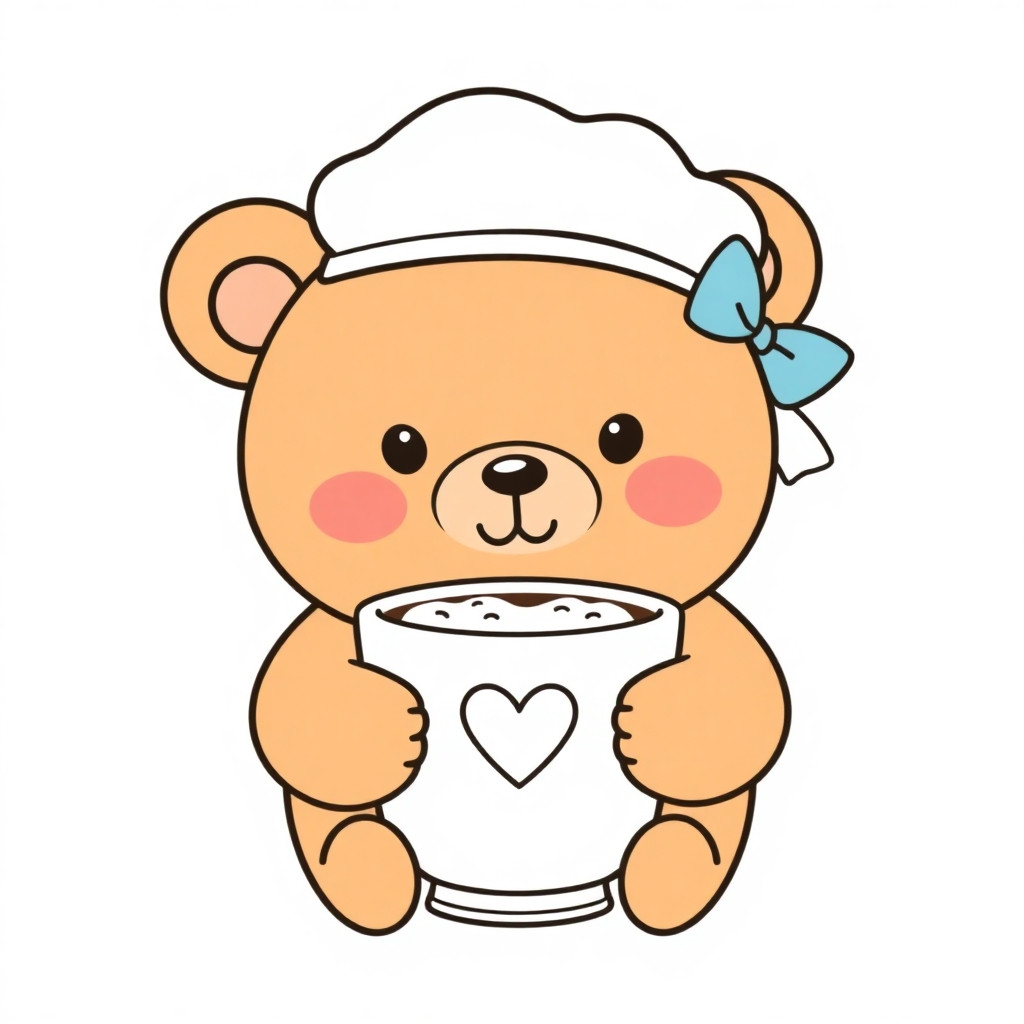 Line art drawing of a cute cartoon bear character: round brown bear with a chef hat on head, light blue bow on left ear, holding a cup of hot cocoa with heart foam. Simple dot eyes, round blush cheeks. Clean black outlines, no shading, white background, vector style, high resolution. –ar 1:1