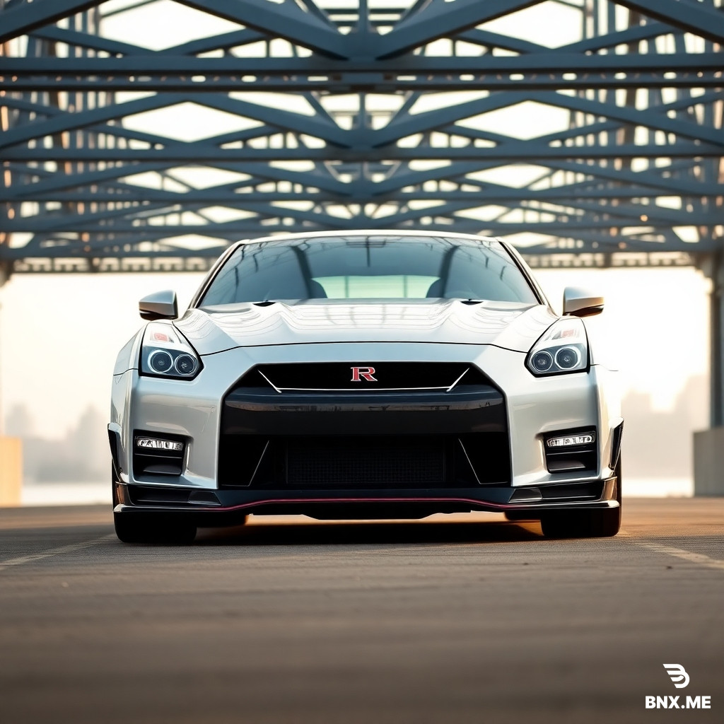 Nissan GT-R R35, wide body, large front grille intake, LED DRLs off, extreme low suspension. Camera at bumper height, directly facing car. Background: steel bridge structure and river below. Early morning mist, soft diffused light, no bright sun.