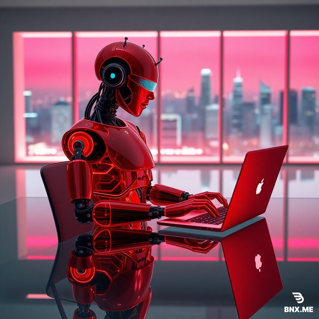 A futuristic humanoid AA A highly advanced humanoid AI robot with a glossy crimson-red translucent glass-like body, revealing subtle internal glowing circuits, seated behind a sleek modern glass desk, working on a futuristic thin laptop with a glowing holographic screen, the robot's hands typing on the keyboard, ambient pink and red neon lighting reflecting off its smooth glass surface, background is a minimalist futuristic office with large windows showing a night city skyline, photorealistic, hyper-detailed, 8k, cinematic depth of field, sharp focus, no text, no animals, sci-fi aesthetic, unreal engine 5 renderhighly advanced humanoid AI robot with a glossy crimson-red translucent glass-like body, revealing subtle internal glowing circuits and mechanical core, standing confidently in a futuristic minimalist gallery, ambient pink and red neon lighting reflecting off its smooth glass surface, sleek humanoid form with elegant proportions, matte black joints and hands, head with a smooth visor displaying a soft blue digital pattern, photorealistic, hyper-detailed, 8k, cinematic volumetric lighting, sharp focus, no text, no animals, pure sci-fi aesthetic, unreal engine 5 render, masterpiece compositionI robot with a flawless white and chrome metallic body, seated gracefully at a minimalist glass desk, interacting with a glowing transparent holographic laptop, floating digital equations and AI neural network nodes surrounding it, background is a luxurious futuristic penthouse with panoramic night city view through floor-to-ceiling windows, neon blue and violet ambient lighting reflecting off the robot’s surface, photorealistic, hyper-detailed, cinematic depth of field, award-winning composition, moody sci-fi aesthetic, 8k, unreal engine 5 render style, sharp focus, no animals, only robot