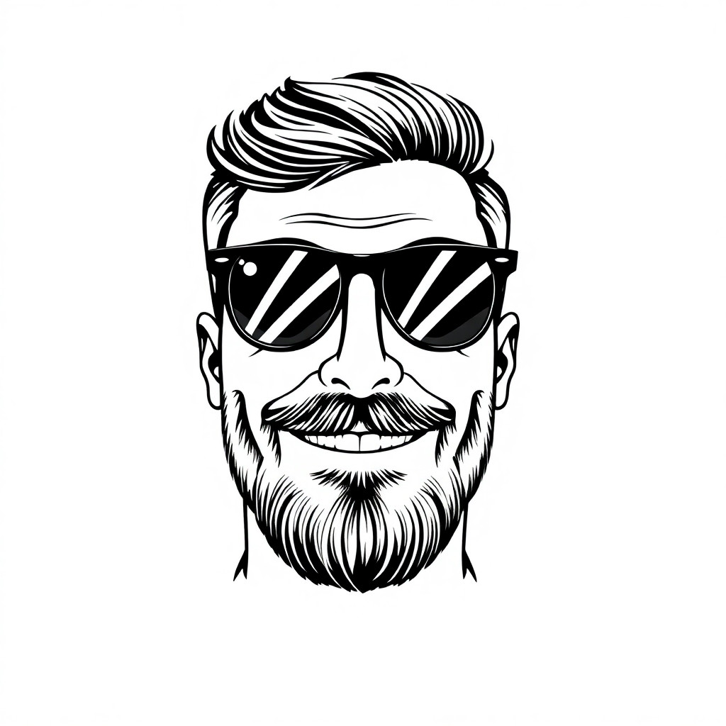 Stilizzata, bianco e nero, primo piano di un uomo sorridente, barba curata a punta, occhiali stile Ray-Ban (montatura sottile, lenti trasparenti, non da sole). Tratto minimale e pulito, linee nette, senza sfondo o sfondo neutro, illustrazione vettoriale, disegno in bianco e nero ad alto contrasto