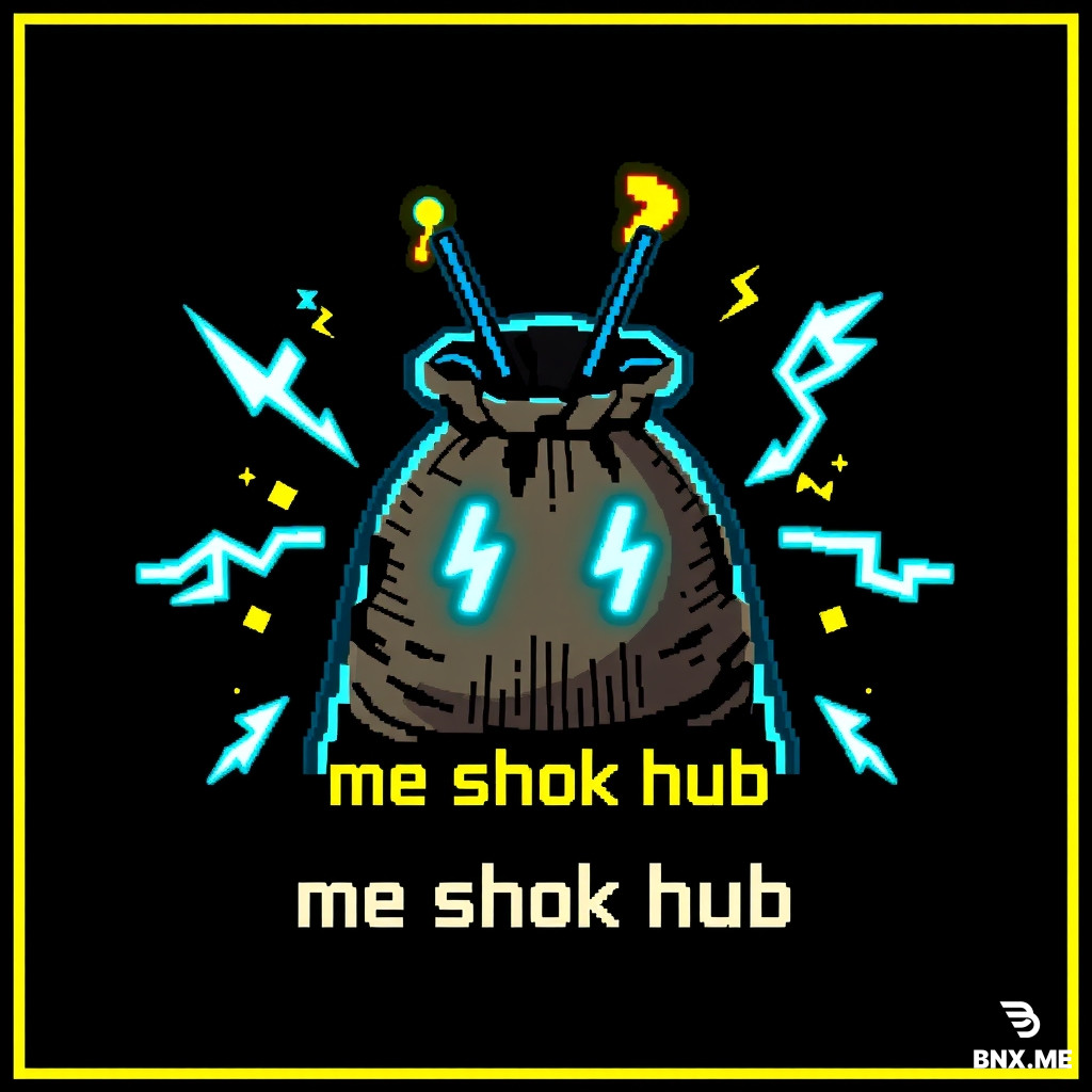 Pixel art logo of "me shok hub", a stylized burlap sack with two glowing lightning-bolt eyes, two small antenna sticks sticking out from the top, surrounded by electric sparks and zigzag arcs, on a pure black background, retro 8-bit game aesthetic, neon cyan and yellow colors, sharp pixel edges, square frame 1:1, bold pixelated text "me shok hub" placed neatly below the sack, high contrast, no gradients, clean blocky pixels, nostalgic arcade style --ar 1:1