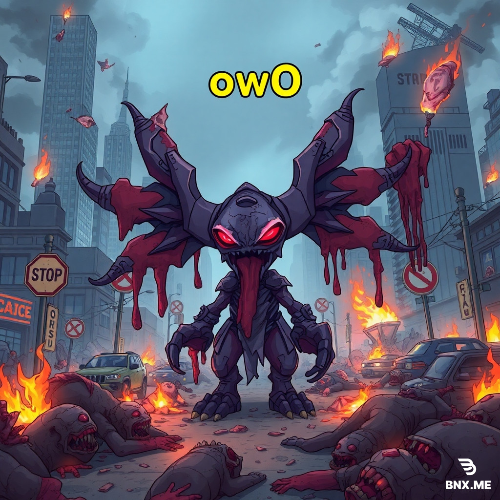 destroyed city with many corpses, guts, blood, pieces of meat hanging on stop signs and poles, broken skyscrapers, burning cars. In the middle if this apocalipsys stands Ultralisk from Starcraft 2 pretending to be cute with large word OwO above him