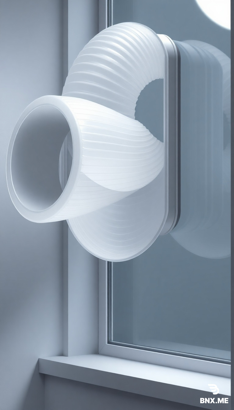 Spiral ventilation window with 3-turn polycarbonate duct (90→65mm tapered), dual-wall vacuum insulation (U<0.33), centrifugal dust traps at bends, silicone one-way flap (3–5 Pa activation), and tool-free detachable modules. Delivers 38 dB noise reduction, >80% particle removal >5µm, anti-condensation at -15°C. Mounts at corner, keeps glass clear. Cost-effective injection molding ($25–40/unit). Passive operation, seasonal adaptation. CAD drawings required: cross-sections, 3D assembly, and modular breakdown views.