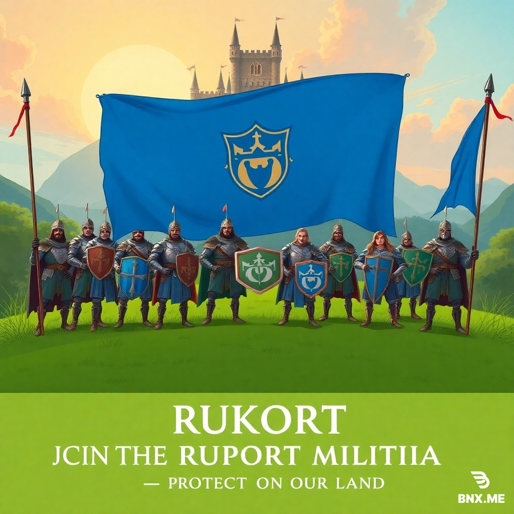 Epic fantasy recruitment poster for the guild "RUKORT". A group of brave heroes in shining armor stands together on a green hill, holding a large blue banner with a shield emblem. In the background, a majestic castle with towers. Pastel color palette: soft green and sky blue. Warm sunset lighting, friendly and inspiring atmosphere. No weapons visible, only shields and flags. Text at the bottom: "JOIN THE RUKORT MILITIA — PROTECT OUR LAND". Style: classic fantasy illustration, highly detailed, 4k, cinematic.